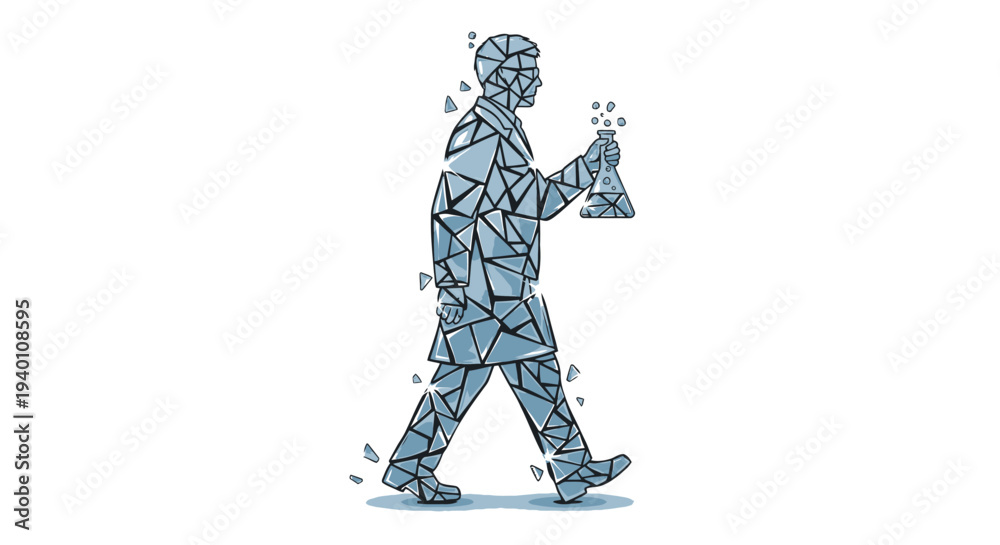 Fototapeta premium Abstract geometric scientist walking with a beaker, symbolizing innovative research and the fragmented nature of discovery in modern science