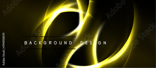 Abstract golden lines create dynamic energy. Dark background emphasizes bright curves, forming modern design element. Simple text below.