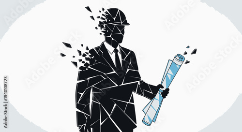Abstract engineer with blueprints, symbolizing digital transformation and fragmented evolution in architecture, future construction, and innovative design processes