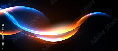 Bright colorful waves flow across dark background. Smooth curves create dynamic visual effect. Light blends, forming abstract design.