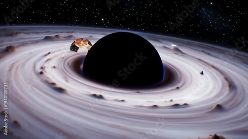A mesmerizing view of a black hole surrounded by a swirling accretion disk and distant stars