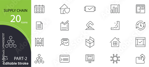 Supply chain related line icon set. Includes logistics, warehouse, cargo, export, import, shipping, freight, delivery, transportation, global trade,, barcode, and storage outline collection. 