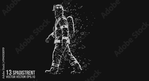 Dynamic digital abstraction of a courageous firefighter walking, embodying strength and heroism in a fragmented artistic style, representing bravery and protection