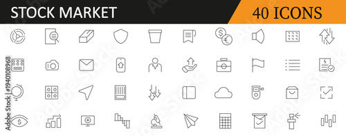 Stock market related icon set. Business, stock marketing, stock exchange, investment, shares, financial goals, bear marketing, trading, securities, and money related outline icon collection. 