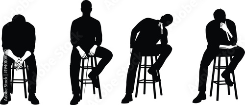 Set of professional male silhouettes featuring a man sitting on a tall stool in various contemplative poses for lifestyle waiting and thoughtful design projects.