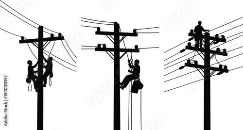 Set of professional linemen silhouettes working on high voltage utility poles and power lines, electrical maintenance and infrastructure repair vector illustration isolated on white.