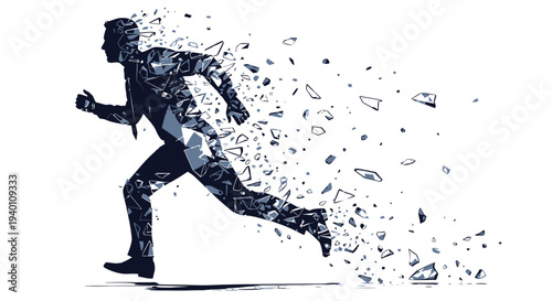 Man Running with Shattered Glass Effect Surrounding Him in Motion Illustration
