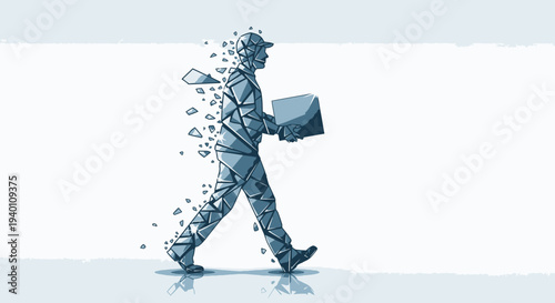 Man walking with briefcase disintegrating into fragments viewed from the side in a business setting illustration