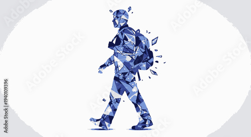 Man walking with backpack amidst splashes, viewed from side, illustration style