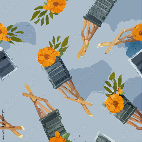 Artistic seamless pattern of wrapped stick bouquets with orange and pink flowers.