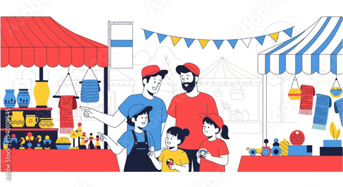 Family enjoying a vibrant outdoor market with colorful stalls and crafts