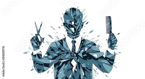 A businessman in fragments holding a comb and scissors in a shattered mirror reflection illustration