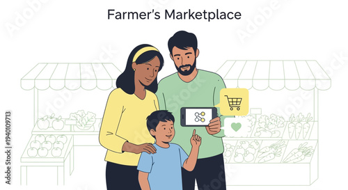 Family Shopping at Farmer's Market with Mobile App for Online Orders