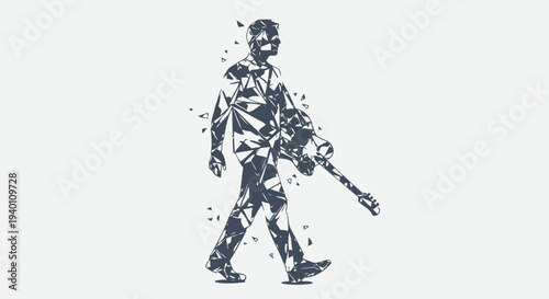 A man walking while carrying a gun, illustrated in a fragmented style