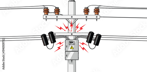 Vector illustration of an electrical power pole with high voltage lines transformer box and red lightning sparks representing short circuit or energy overload