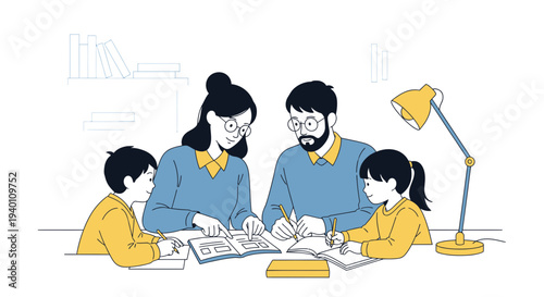 Family studying together at home, parents helping children with homework, learning and education concept