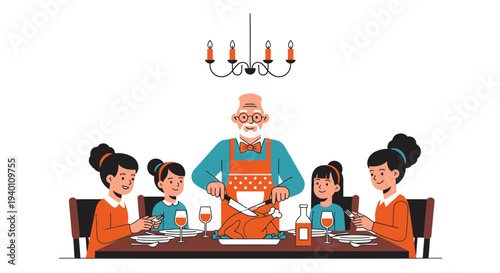 Family Thanksgiving Dinner: Grandfather Carving Turkey with Grandchildren at Table