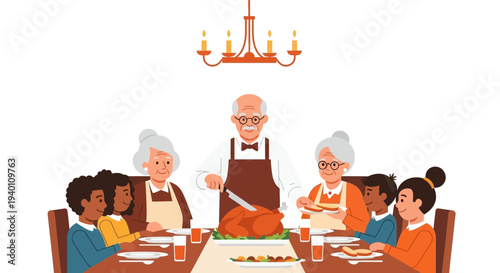 Family Thanksgiving Dinner: Grandparents Carving Turkey with Children Enjoying Meal