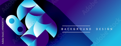 Abstract geometric shapes blend vibrant blues, purples. Modern design suggests dynamic movement, sleek presentation. Background features text elements.