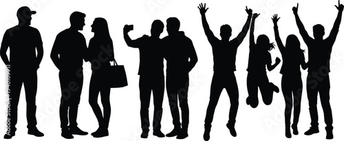 Vector Silhouette Set of Happy Friends Celebrating Taking Selfies and Jumping with Joy Isolated on White Background for Youth Lifestyle and Success Design Projects