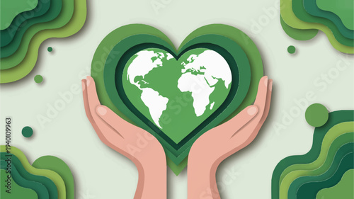 Hands cradling green heart shaped earth with white continents on light green background with green abstract shapes