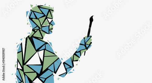 A person holding a paintbrush is depicted in a vibrant mosaic style with geometric shapes and abstract art