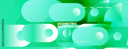 Abstract geometric background. Vibrant teal, turquoise hues dominate design. Minimalist text elements present work, about, portfolio, contact.