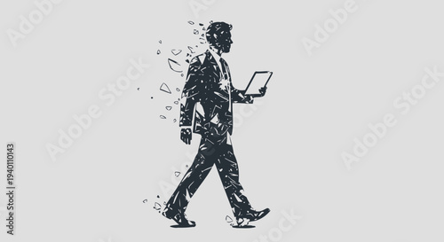 A businessman walking while using a laptop, illustration of technology in daily life
