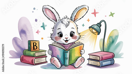 Cute cartoon rabbit reading book under colorful lamp with stack of books and educational blocks nearby