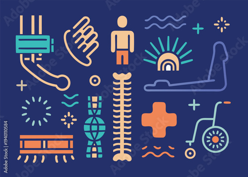 Various physical therapy and medical recovery icons such as wheelchairs and prosthetic limbs are shown on a dark blue background surface.