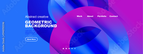 Abstract design features vibrant blue, purple gradients. Geometric shapes overlap creating dynamic visual effect. Text promotes website content.
