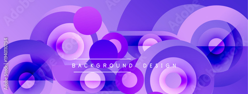 Abstract purple circles overlap creating dynamic background. Modern design features gradients, shapes, text. Visuals suggest depth, movement.