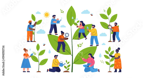 Diverse group of people nurturing plants together in a vibrant, lively environment from various viewpoints