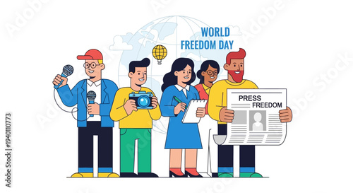 Diverse group of journalists celebrating World Freedom Day with press releases and microphones in hand, symbolizing global freedom of speech and information.