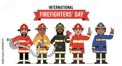 Diverse firefighters celebrating International Firefighters' Day with helmets and hoses in a graphic illustration