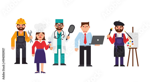 Diverse professionals, including artists, chefs, and doctors, standing together with various tools and equipment in a flat illustration style