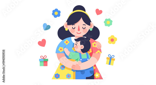 A mother tenderly hugging her child surrounded by hearts and flowers in a joyful illustration