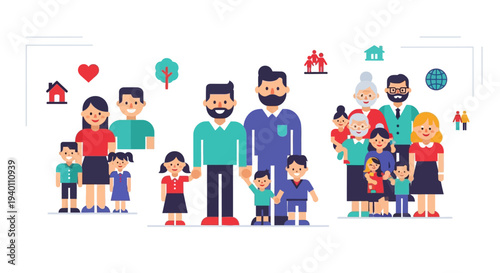 Diverse family groups with children and adults standing together in a digital illustration