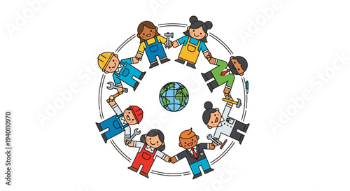 Diverse children holding hands around the globe in a circular formation, unity and friendship illustration