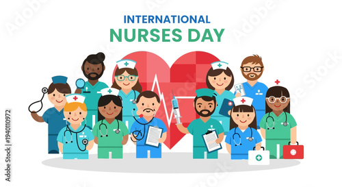 Diverse group of nurses celebrating International Nurses Day together with a large red heart symbol