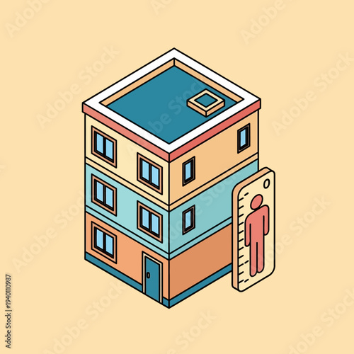 Isometric illustration of a multi-story building with a height measurement indicator.