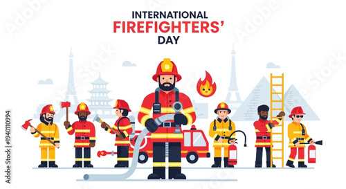 Firefighters standing together on International Firefighters' Day with equipment and vehicles
