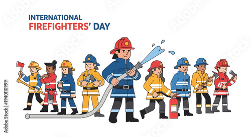 Firefighters in action on International Firefighters' Day, standing together with equipment, vector illustration