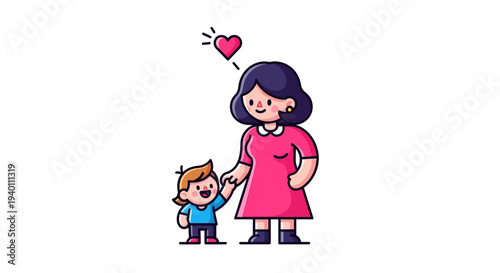 Illustration of a mother holding a child's hand with a heart above them, depicting love and affection in a simple, cartoon style