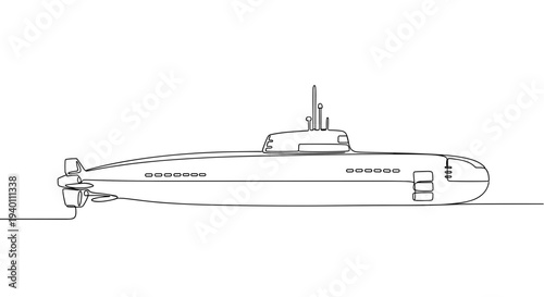 Military submarine line art side view on minimal white background