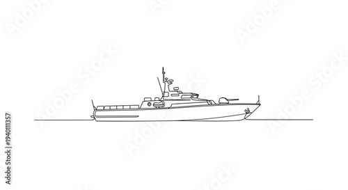Naval patrol boat line art side view on minimal white background