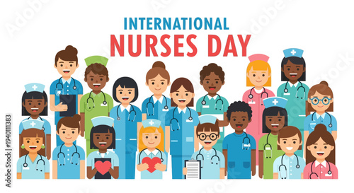 Diverse group of medical professionals celebrating International Nurses Day together in a vibrant illustration