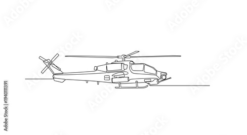 Attack helicopter line art side view on minimal white background