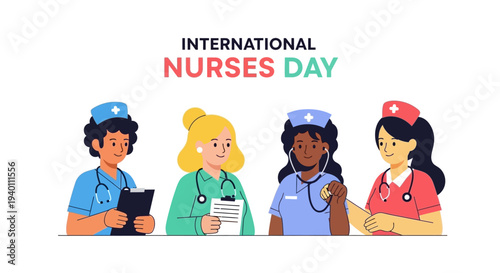 Diverse group of nurses celebrating International Nurses Day with vibrant illustration