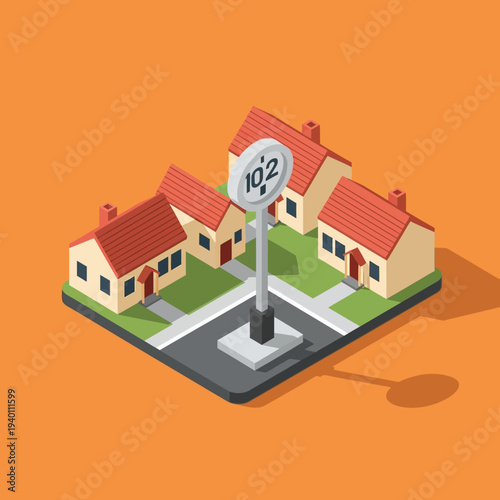 Isometric illustration of houses and a parking meter on a vibrant orange background.